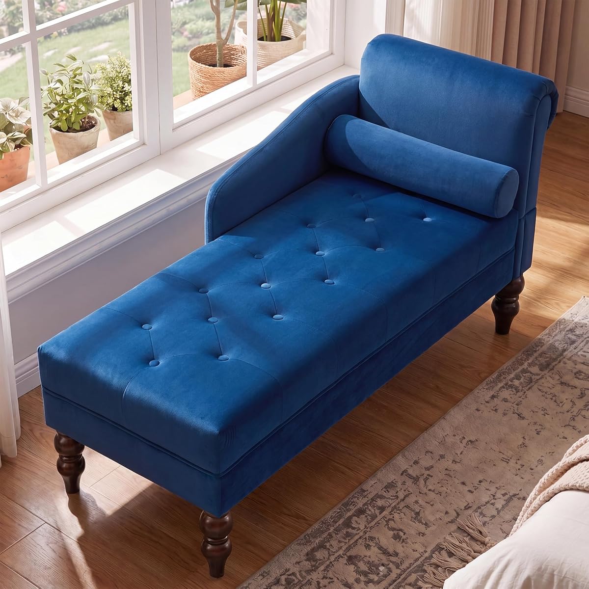Chaise Lounge Chair Indoor with Right Armrest, Velvet, Blue