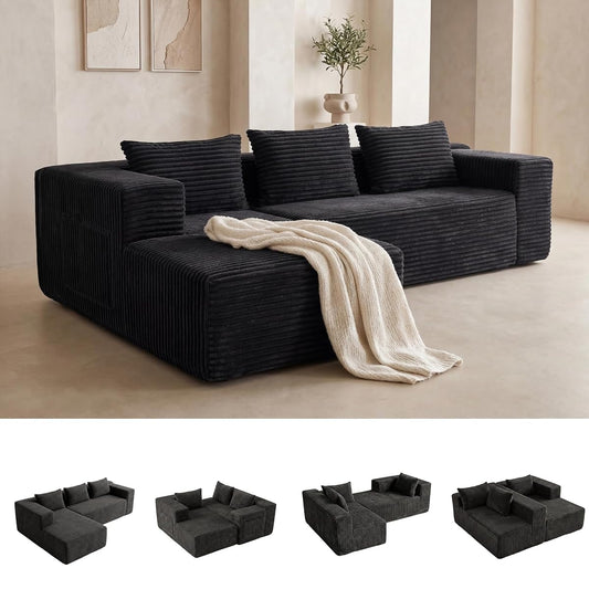 Modular Sectional L-Shaped Sofa with Deep Seat, Modern Boneless Comfy Corduroy Fluffy Couch with Side Pockets and Anti-Slip & Floor-Friendly Bottom for Living Room, No Assembly, Black