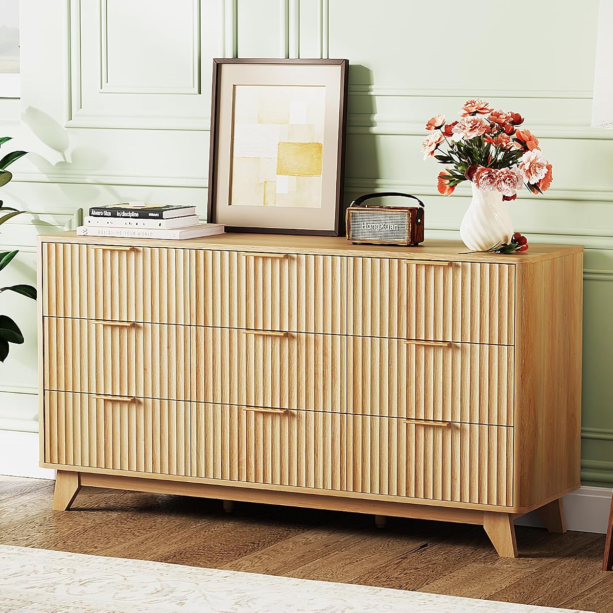 Fluted 9 Drawer Dresser for Bedroom, Wood Dresser with Rounded Edges