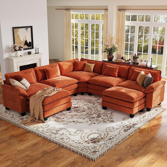 117" Oversized Modular Sectional Sofa with Corner, Comfy V-Shaped Cloud Couch w/ 2 Ottomans, 7-Seater Chenille Deep Seat Modern Sofa Couch for Living Room, DIY Combination, Terracotta Orange