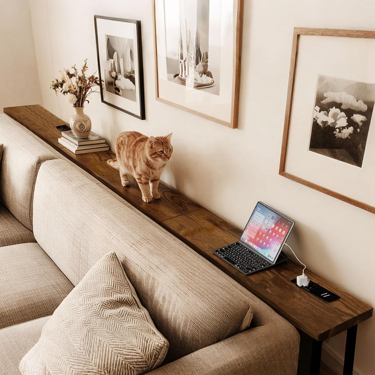 102 Inch Narrow Sofa Table with Power Outlets, Extra Long Console Table Behind Couch Table with Charging Station, Skinny Entryway Table Thin Table for Living Room, Narrow Spaces (Rustic Brown)