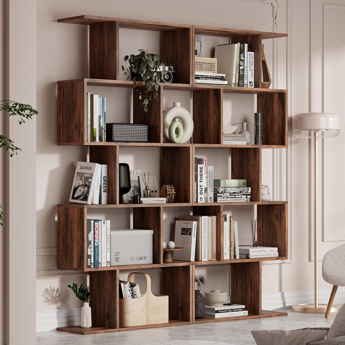 Set of 2 Geometric Bookcase, S-Shaped Modern Bookshelf, Room Divider Bookshelf, 62" Tall Unique Abstract Bookcase with 5-Tier Display Shelf for Living Room Office, Rustic Brown