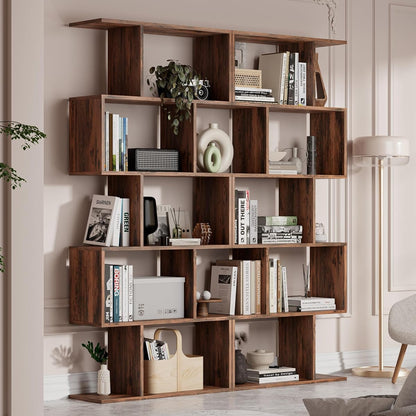 Set of 2 Geometric Bookcase, S-Shaped Modern Bookshelf, Room Divider Bookshelf, 62" Tall Unique Abstract Bookcase with 5-Tier Display Shelf for Living Room Office, Rustic Brown