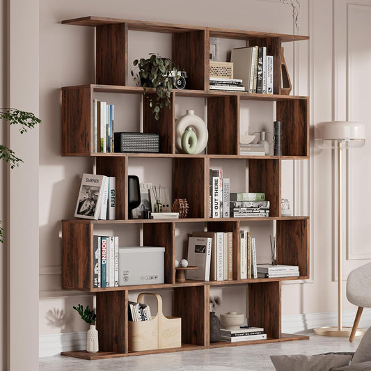 Set of 2 Geometric Bookcase, S-Shaped Modern Bookshelf, Room Divider Bookshelf, 62" Tall Unique Abstract Bookcase with 5-Tier Display Shelf for Living Room Office, Rustic Brown