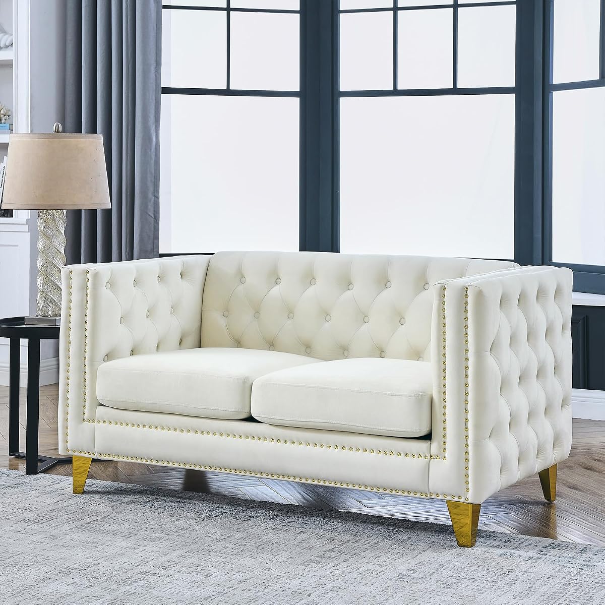 Comfy Upholstered Couches for Living Room, 58-inch Modern Button Tufted Loveseat Sofa w/Square Arm, 4 Golden Metal Legs and Gold Nail Heads for Living Room, Office, Apartment, Beige