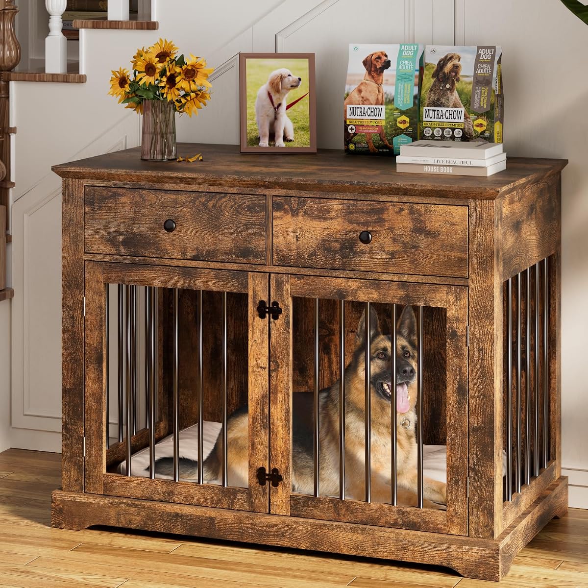 Large Dog Crate Furniture with 2 Drawers, 44 Inch Wooden Dog Kennel Indoor