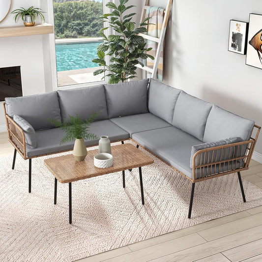 4 Pieces Sectional Sofa Couch, L-Shaped Sofa with 5 Seater for Living Room, Detachable Lounger with Thickness Cushions and Side Table - Grey