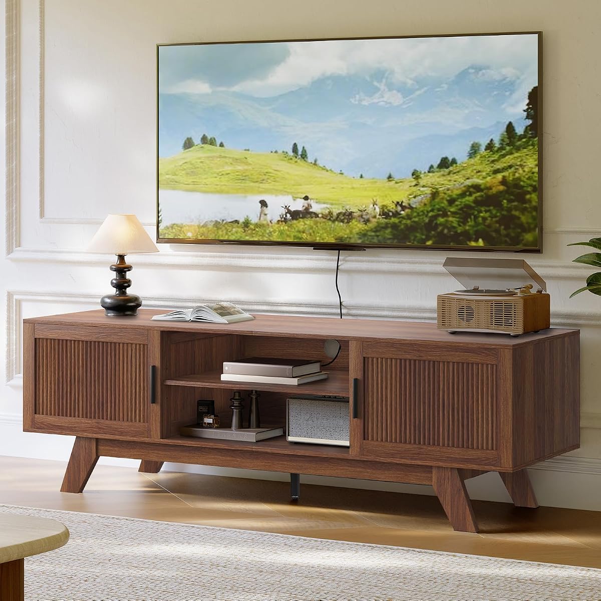 59.5" Fluted TV Stands for 65 Inch TV, Mid Century Modern