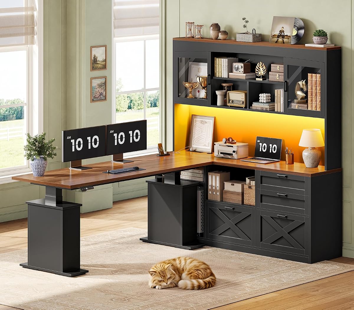 69" L Shaped Gaming Standing Desk with 4 Drawers, Storage Bookshelf