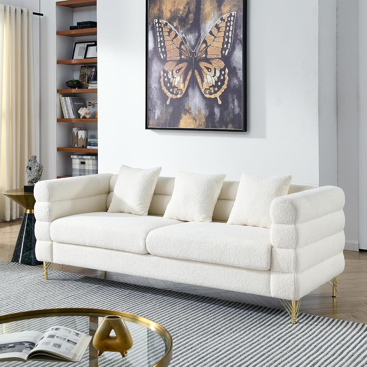 Modern Sofa Couch, 81" W Teddy Bouclé Oversized Loveseat Cloud Sofa, Upholstered Tufted Comfy Deep Seat Couch with Gold Legs & Pillows for Living Room, Bedroom, Office, Apartment((3 Seater, White)