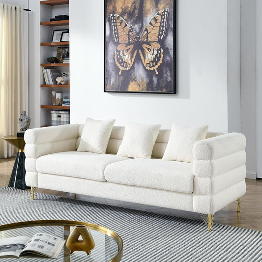 Modern Sofa Couch, 81" W Teddy Bouclé Oversized Loveseat Cloud Sofa, Upholstered Tufted Comfy Deep Seat Couch with Gold Legs & Pillows for Living Room, Bedroom, Office, Apartment((3 Seater, White)