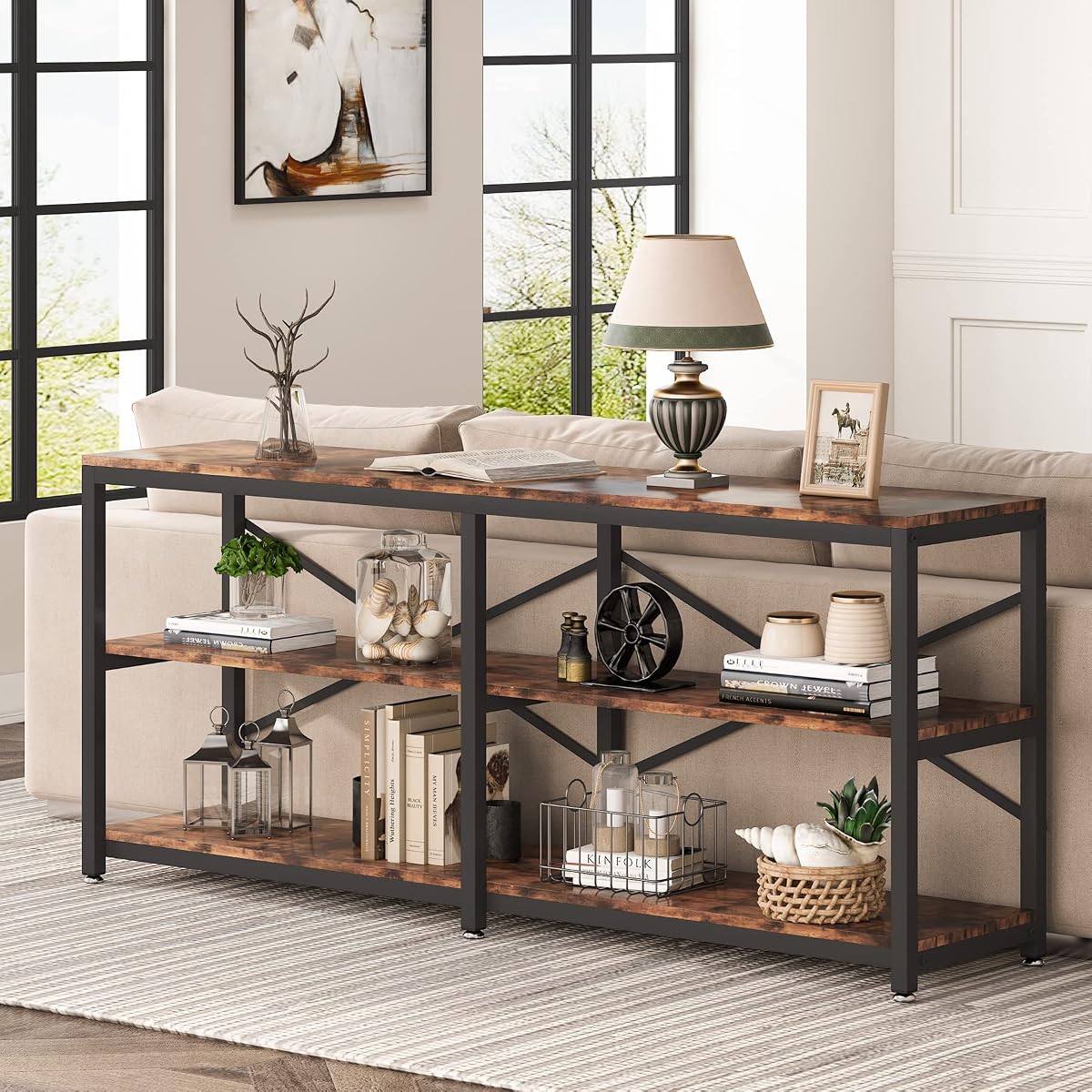 Tribesigns 70.9 Inch Extra Long Console Table, Modern Sofa Table Behind Couch Table with Storage Shelves, 3-Tier Industrial Hallway Entryway Table for Living Room, 3 Shelf Bookshelf(Brown)