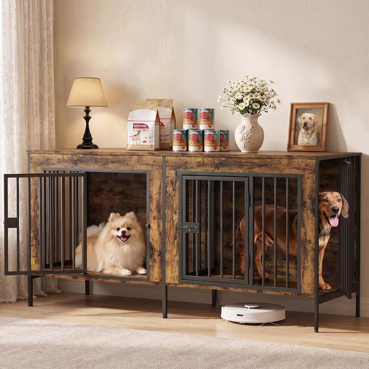 55" Wooden Double Dog Crate Furniture, Removable Divider, Brown