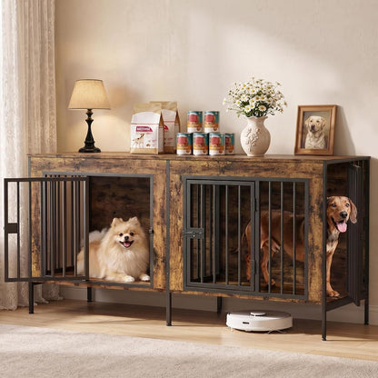 55" Wooden Double Dog Crate Furniture, Removable Divider, Brown