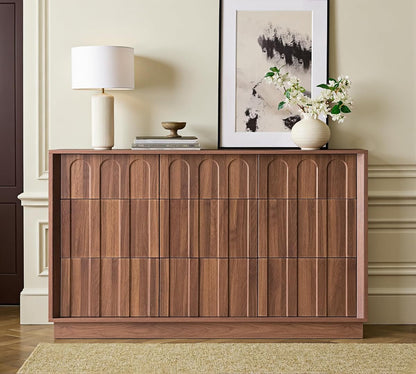 55" Wide 9 Drawer Dresser for Bedroom, Arched Design, Walnut