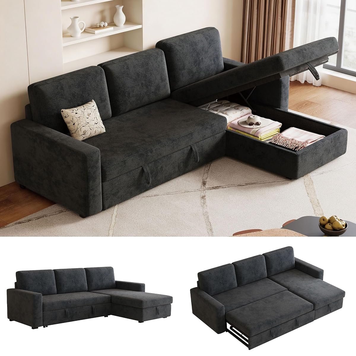 81" Convertible L-Shaped Pull Out Sectional Sleeper Sofa Bed, Dark Gray | Storage Chaise, Pull Out Sectional Couch, Removable Cushions, Chenille Fabric, For Small Apartment & Living Room