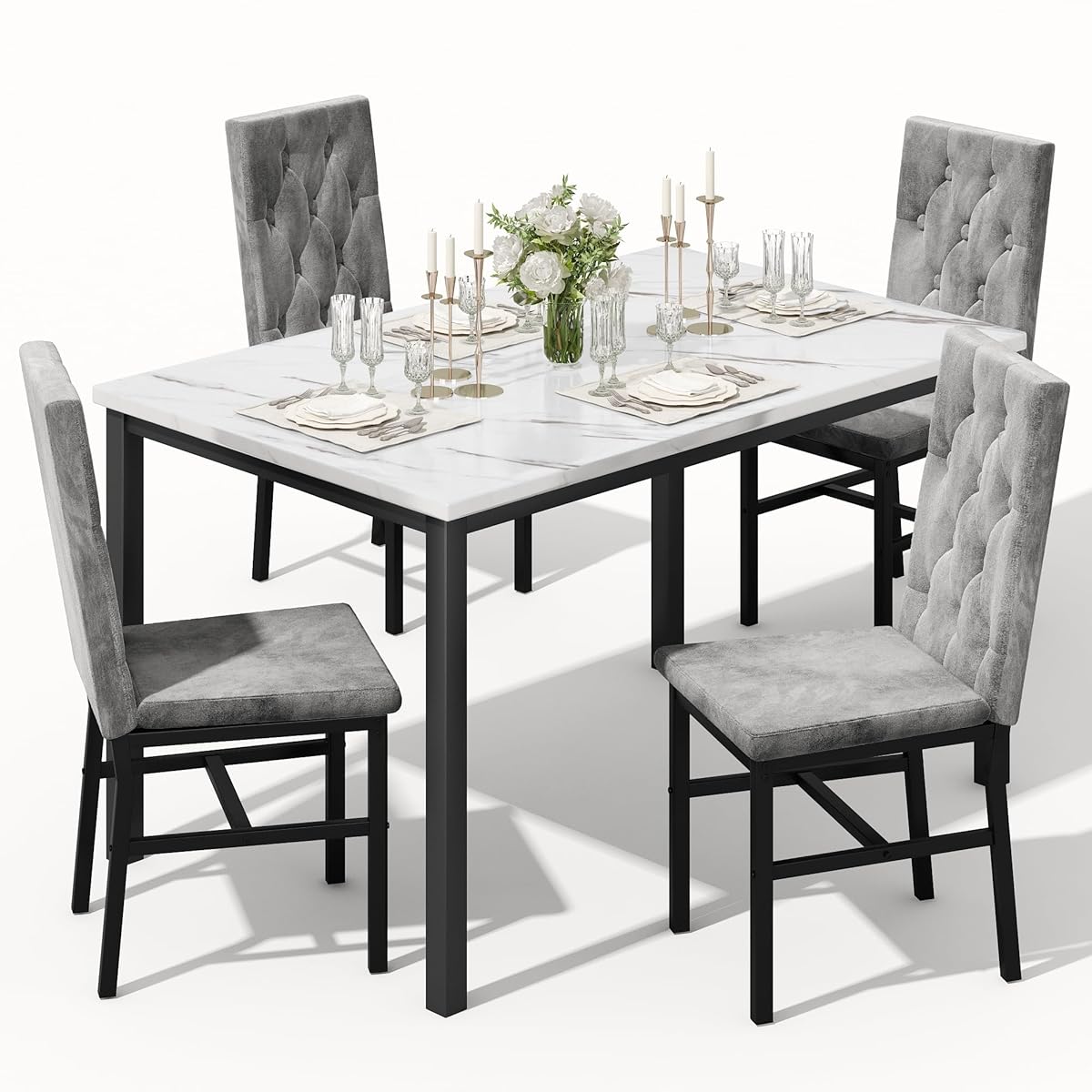 Dining Table Set for 4, Faux Marble Small Kitchen Table Chairs Set of 4 with Luxurious Button Tufted Dinner Chairs for Kitchen and Dining