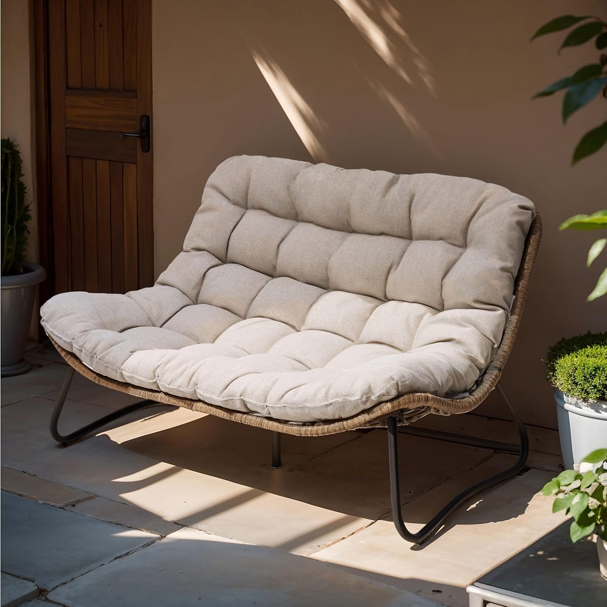 Outdoor Loveseat, 2 Seater Outdoor Couch with Soft Cushion, All-Weather Boho Rattan Patio Furniture for Balcony, Poolside, Backyard, Porch (Beige)
