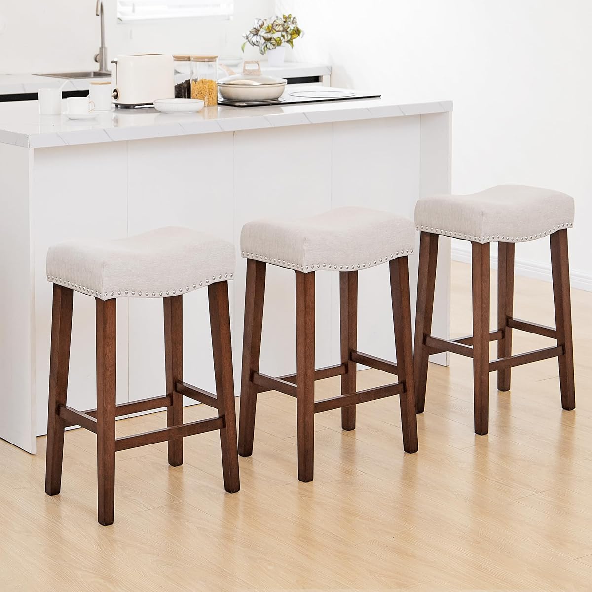 Counter Height Bar Stools Set of 3-26 Inch Backless Saddle Barstools with 4.3" Thick Upholstered, Nailhead Trim Linen Fabric & Solid Wood Legs, Counter Stools for Kitchen Island, Beige