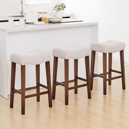Counter Height Bar Stools Set of 3-26 Inch Backless Saddle Barstools with 4.3" Thick Upholstered, Nailhead Trim Linen Fabric & Solid Wood Legs, Counter Stools for Kitchen Island, Beige