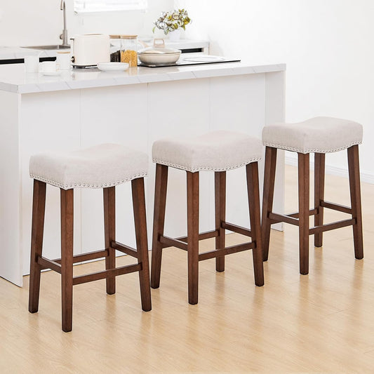 Counter Height Bar Stools Set of 3-26 Inch Backless Saddle Barstools with 4.3" Thick Upholstered, Nailhead Trim Linen Fabric & Solid Wood Legs, Counter Stools for Kitchen Island, Beige