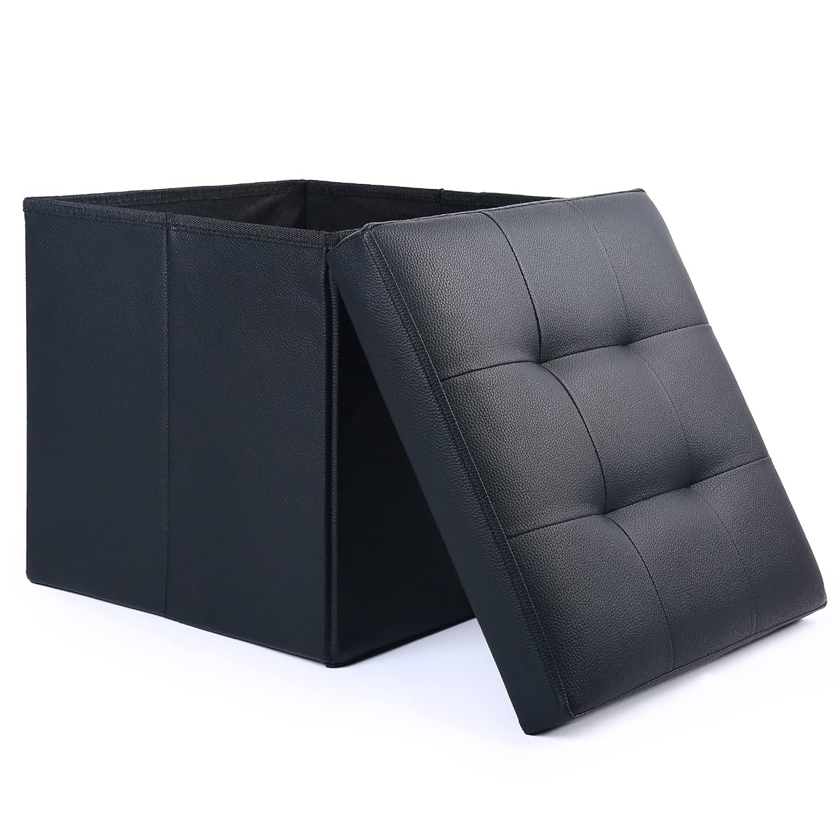Storage Ottoman, Foldable Foot Rest Stool, 13x12x12 Inches Small Leather Bench with Storage, Holds up to 260 lb, for Living Room, Bedroom, Dorm, Black