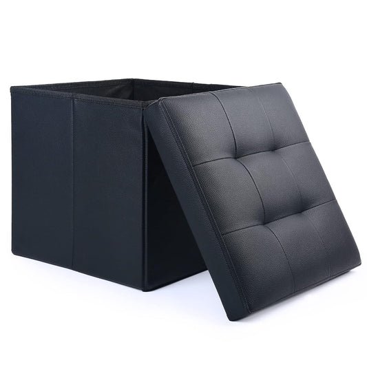 Storage Ottoman, Foldable Foot Rest Stool, 13x12x12 Inches Small Leather Bench with Storage, Holds up to 260 lb, for Living Room, Bedroom, Dorm, Black