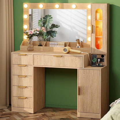 Fluted Makeup Vanity Desk with Large 31.4" Mirror and Sound Sync RGB Lights