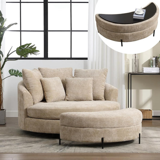 59.8" W Oversized Accent Barrel Chair Large Round Chair with Ottoman & Movable Wheels,Wheat