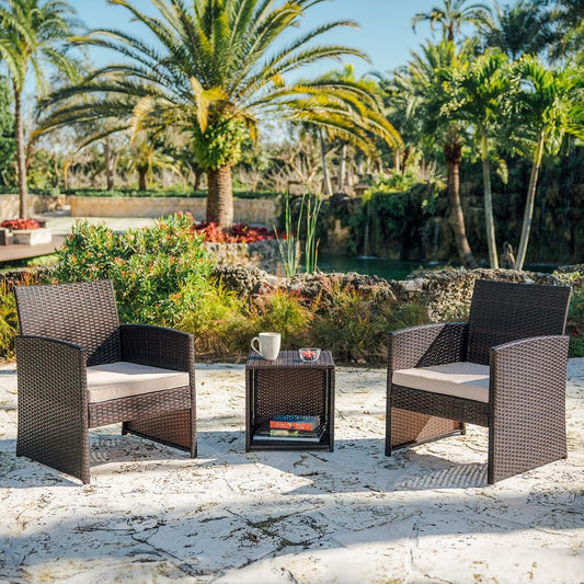 Wicker Patio Furniture Set - 3 Piece Bistro Table and Chairs Set of 2, Front Porch Furniture Set, Patio Chairs Set of 2, Outdoor Patio Set, Patio Conversation Sets (Brown/Beige)