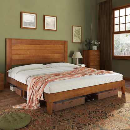 King Size Farmhouse Solid Wood Bed Frame with Storage Platform