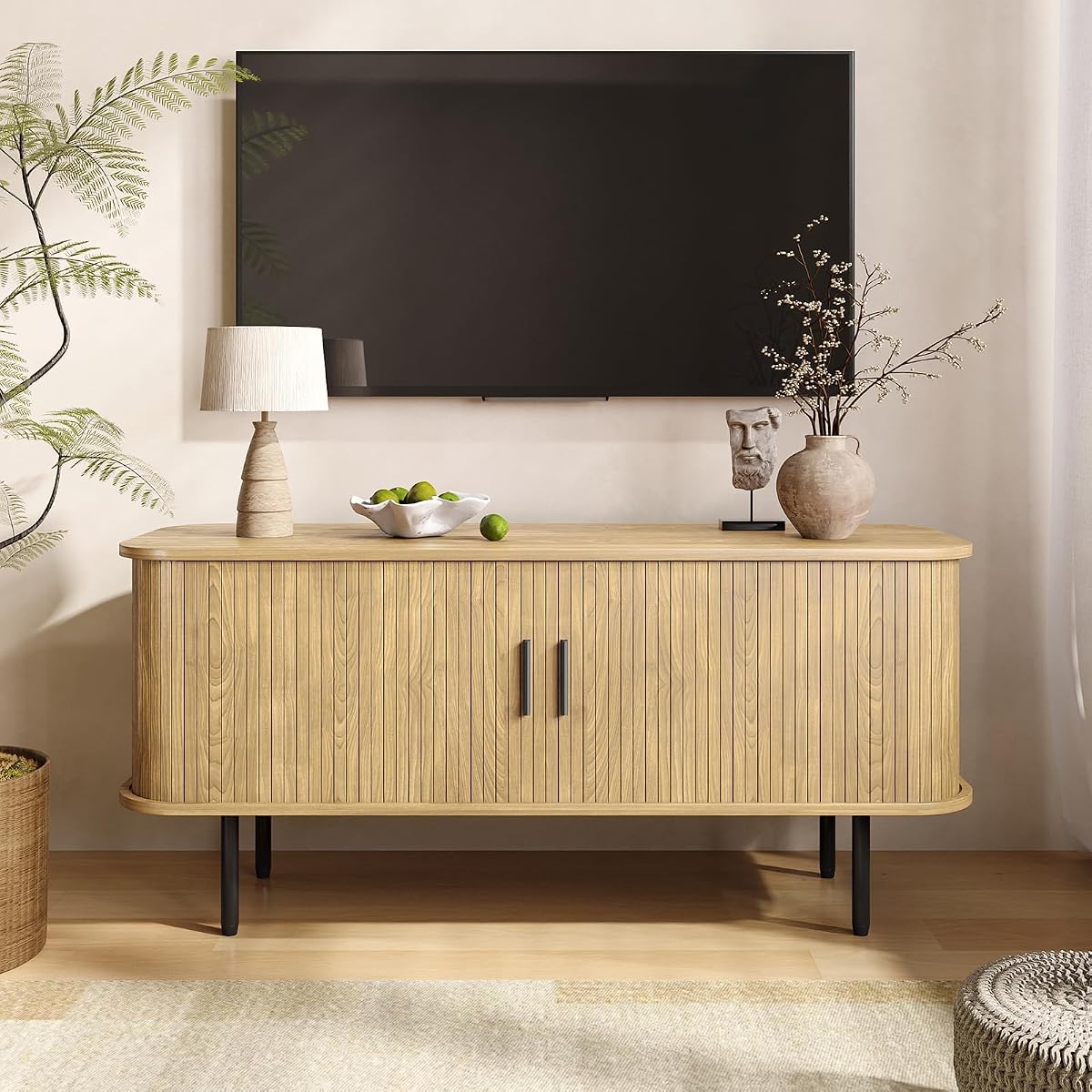 47''W Modern TV Stand Cabinet with Storage for TVs up to 60 Inch, Fluted TV Entertainment Center with Slatted Tambour Doors, Media Console for Living Room, Entryway, Natural