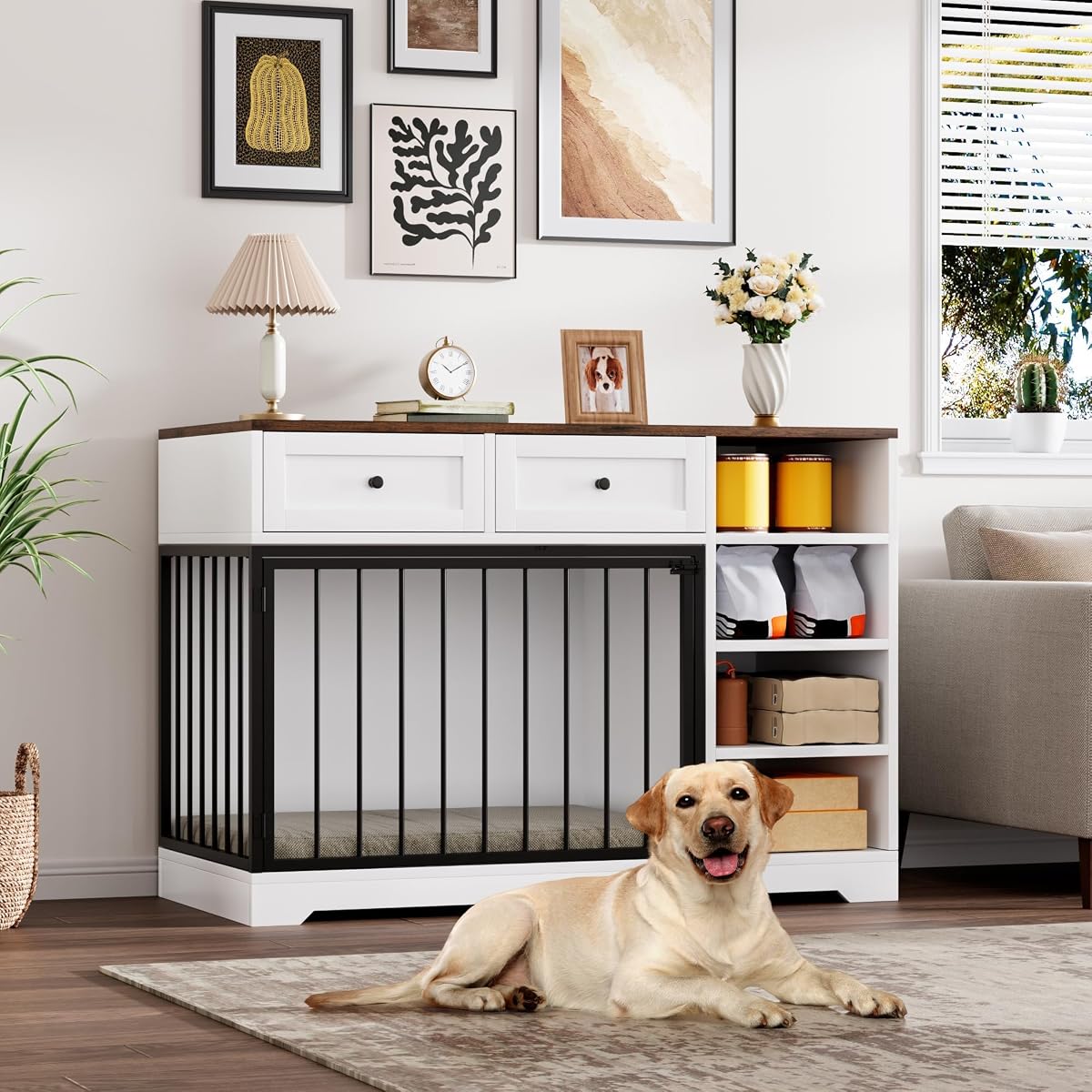 Wooden Dog Crate Furniture, Indoor Dog Kennel TV Stand with Storage, White