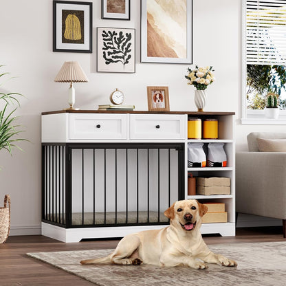 Wooden Dog Crate Furniture, Indoor Dog Kennel TV Stand with Storage, White