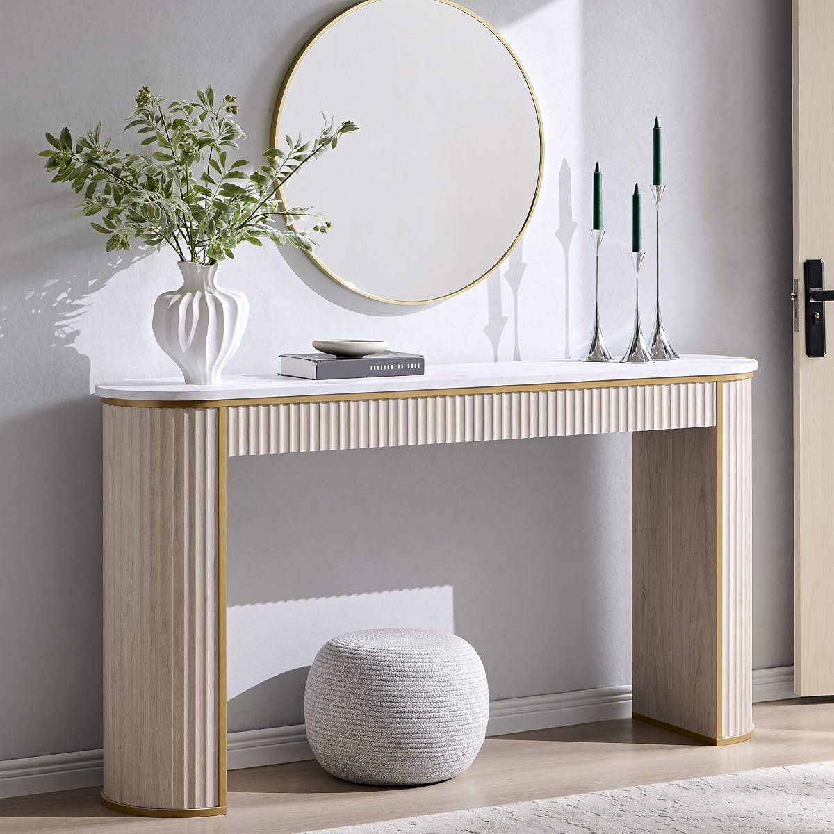 Modern Fluted Console Table, 63" Long Narrow Entryway & Sofa Tables for Hallway, Tall Accent Table Behind Couch for Foyer Living Room, White Alder
