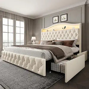 King Size Bed Frame with 4 Storage Drawers, Beige, view 2