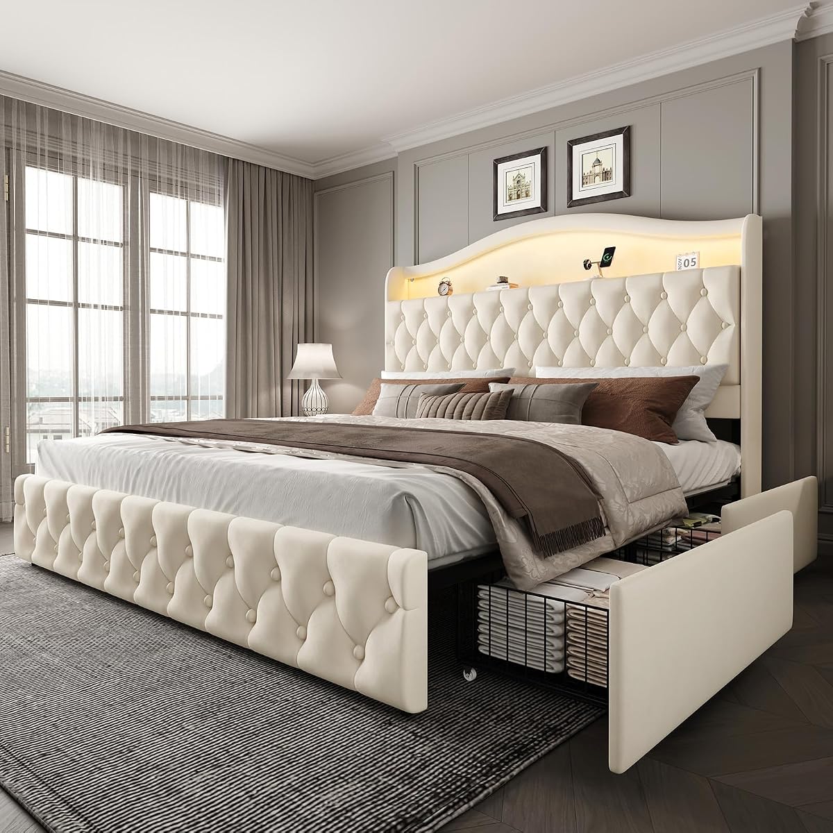 King Size Bed Frame with 4 Storage Drawers, Beige
