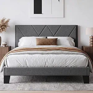 Queen Platform Bed Frame with Upholstered Headboard, Gray, view 2