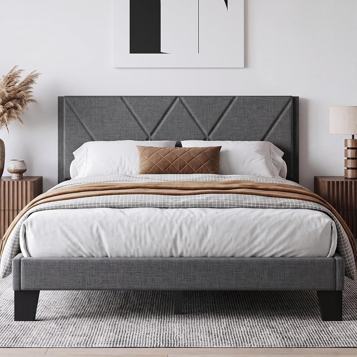 Queen Platform Bed Frame with Upholstered Headboard, Gray