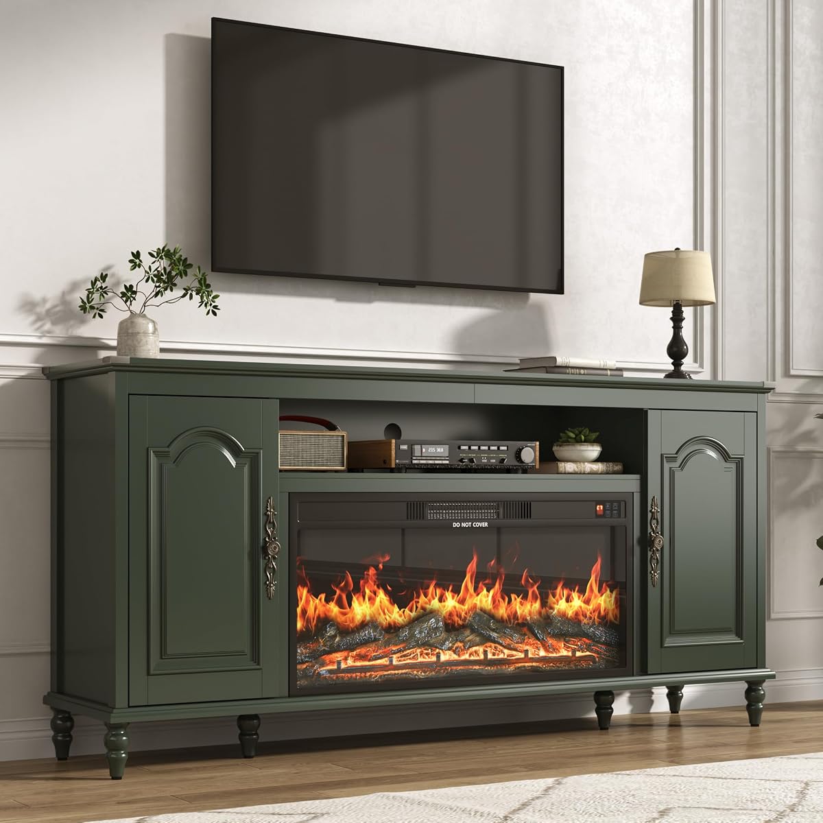 Modern Farmhouse Fireplace TV Stand for 80" TV, 70" Media Console, Green