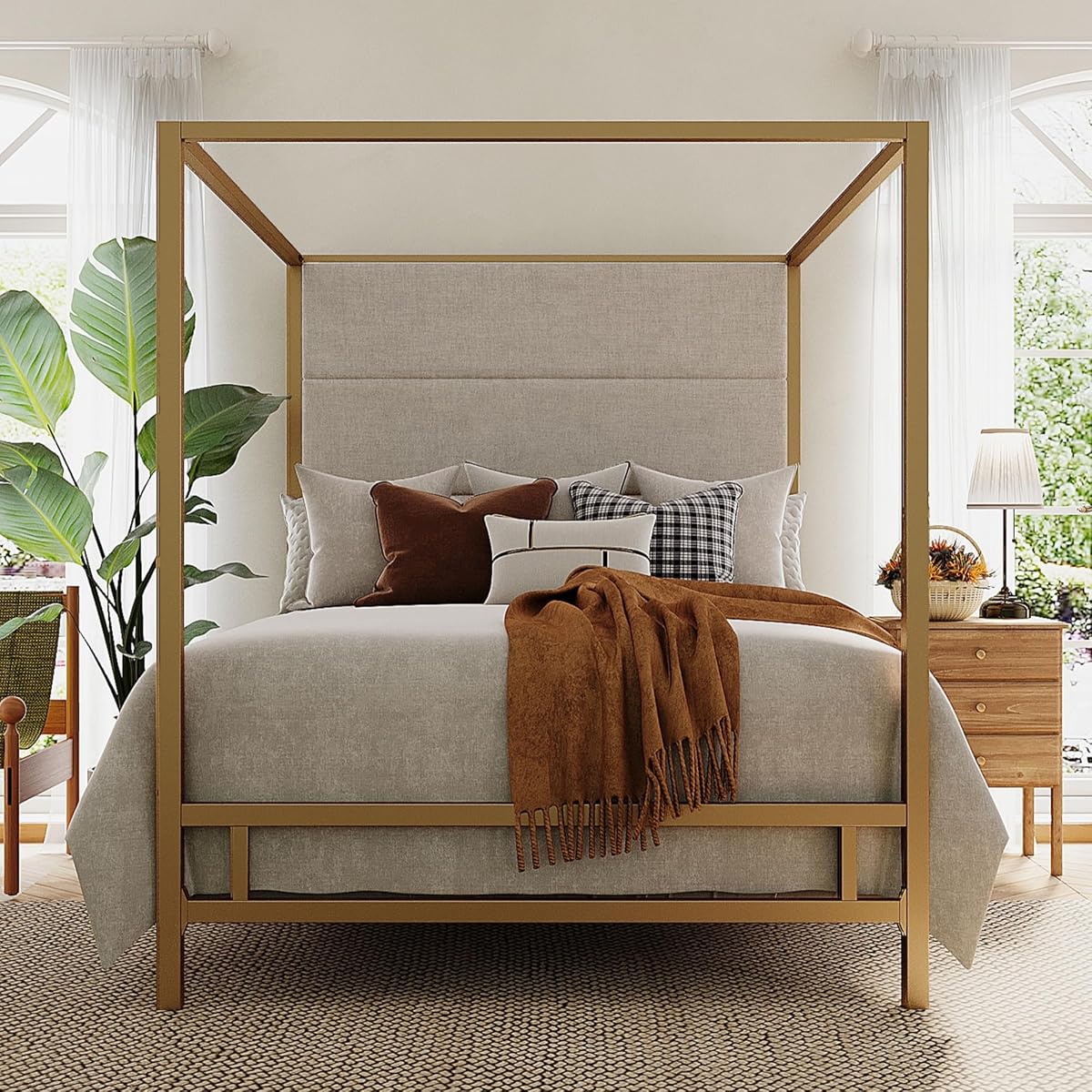 King Canopy Bed with Tall Linen Headboard, Metal Frame, Gold & Tan