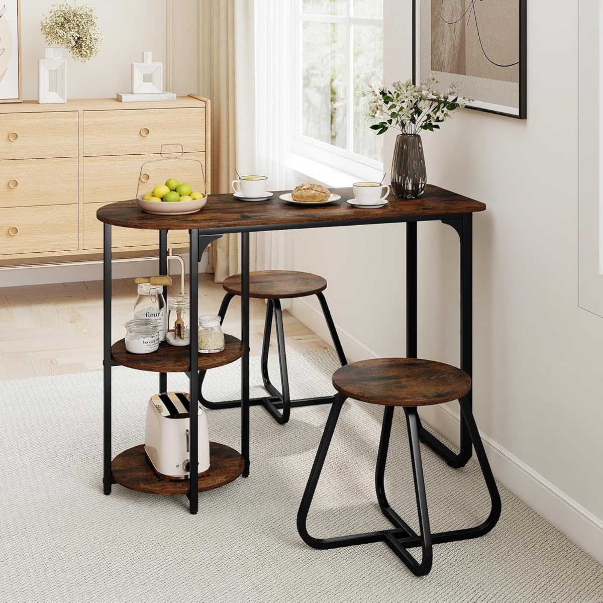 3-Piece Dining Table Set, Wooden Industrial Kitchen Table and 2 Stools with 2-Tier Storage Shelves and Metal Frame, Space Saving Dinette Set for Living Room, Breakfast Nook, Rustic Brown