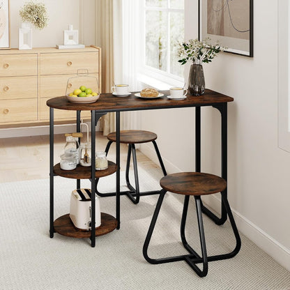 3-Piece Dining Table Set, Wooden Industrial Kitchen Table and 2 Stools with 2-Tier Storage Shelves and Metal Frame, Space Saving Dinette Set for Living Room, Breakfast Nook, Rustic Brown