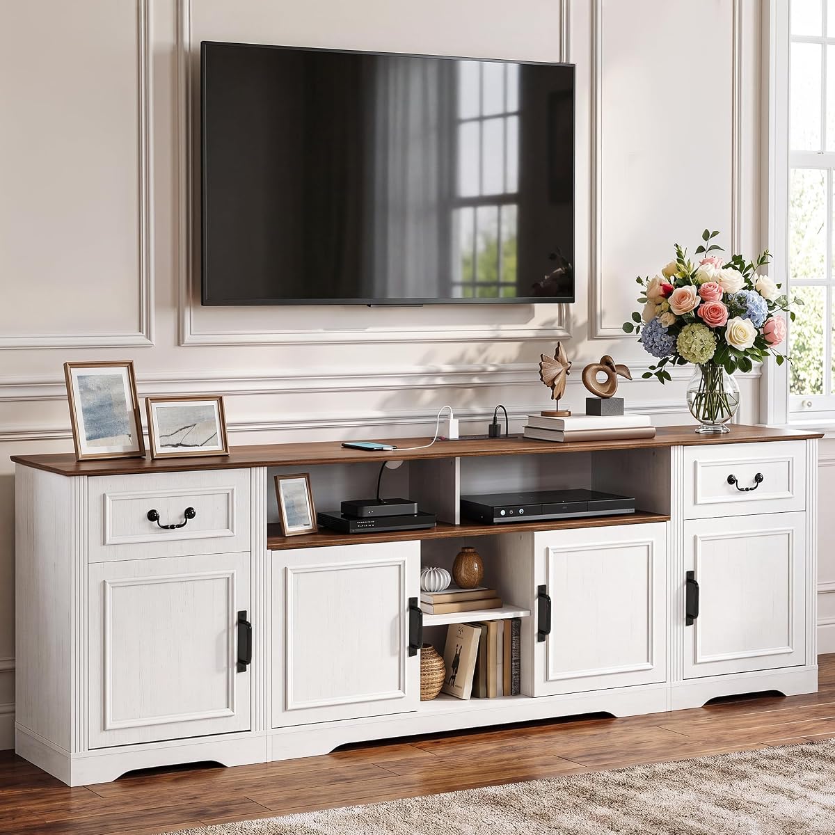 87" Farmhouse TV Stand with Power Outlet for 100" TV, White/Walnut