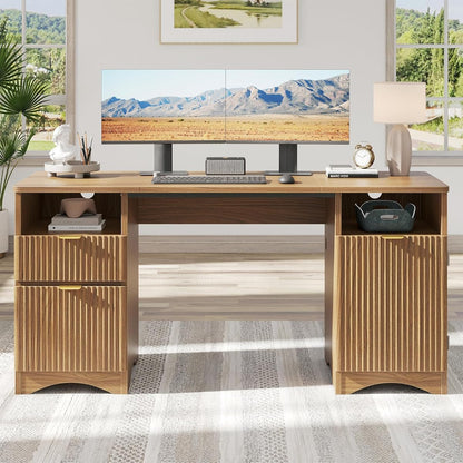 59 inch Office Desk with 2 Drawer, Computer Desk with File Cabinet & 2 Open Storage, Modern Fluted Wood Desk for Home Office Bedroom Study, Natual Oak