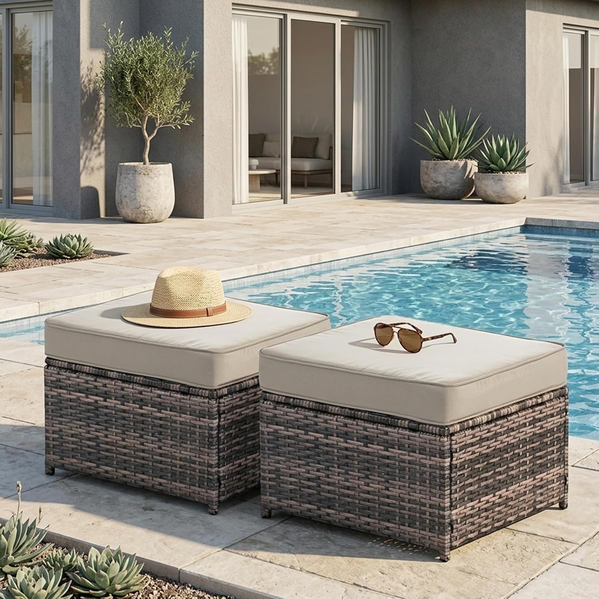 2 Piece Patio Sofa Ottomans with 4.3" Thick Cushions, Wicker Outdoor Couch Extension Set, All-Weather Rattan Seating Accessory for Backyard Furniture,Beige