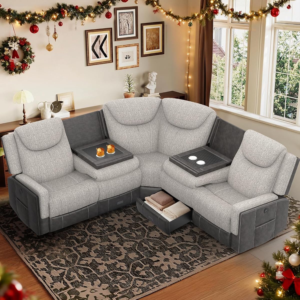 Manual Recliner Sectional Sofa for Living Room, Corner Couch with Flip Middle Backrest, USB Ports & Cup Holders, Grey Linen & Chocolate Leather, 5 Seater Sectional Couch