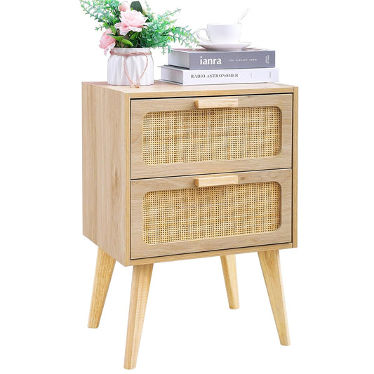 Rattan Nightstand, Wood End Table