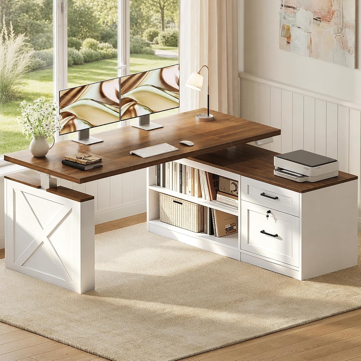 55 Inch Farmhouse L Shaped Electric Standing Desk, Walnut+White