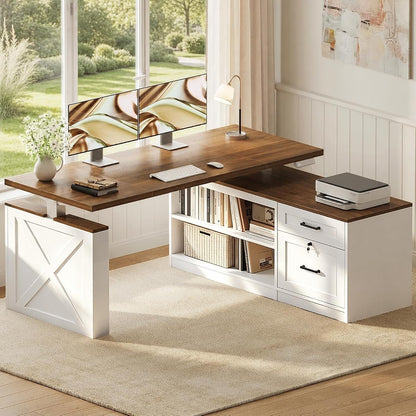 55 Inch Farmhouse L Shaped Electric Standing Desk, Walnut+White